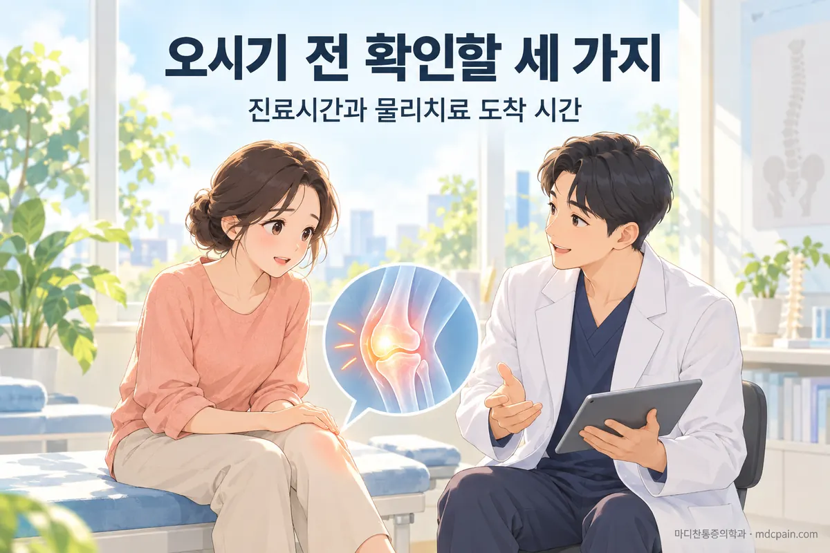 마디찬에 오시기 전 확인할 세 가지: 진료시간, 점심시간·휴진일, 물리치료 도착 시간