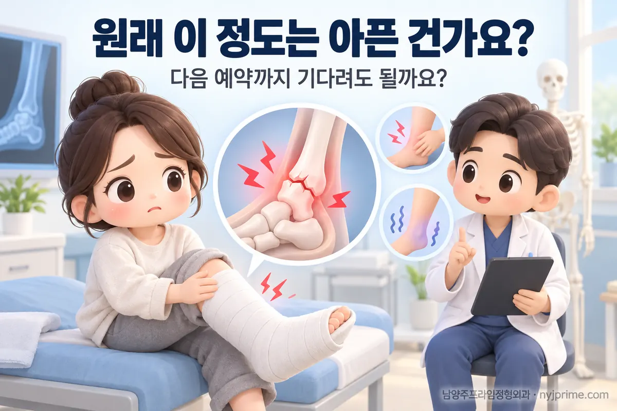골절 치료 중 통증이 점점 심해지거나 손발이 저리면, 다음 예약까지 기다려도 될까요?